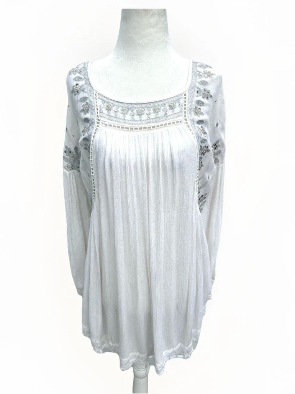 Free People Tunic Top XS Embroidered Fairy Sparkle Embellished Peasant Ivory